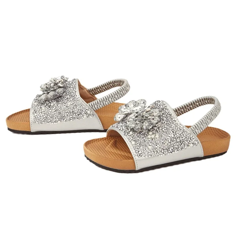 NOVEDAD DE VERANO 20224, sandalias de princesa con diamantes de imitación para niñas, zapatillas informales antideslizantes de suela suave para niños, zapatos planos de playa