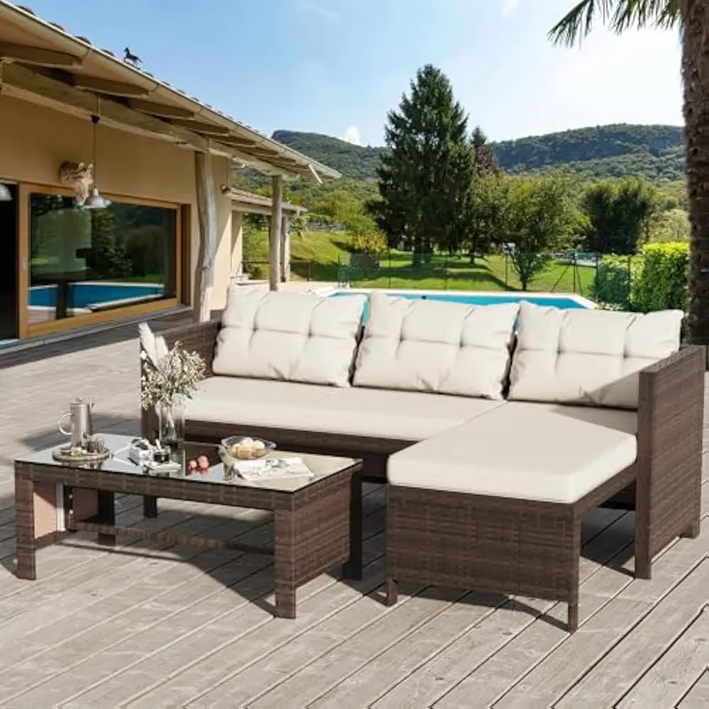 3-Piece Outdoor Patio Furniture Sets, All Weather Wicker Rattan Patio Seating Sofas w/Glass Coffee Table and Cushion