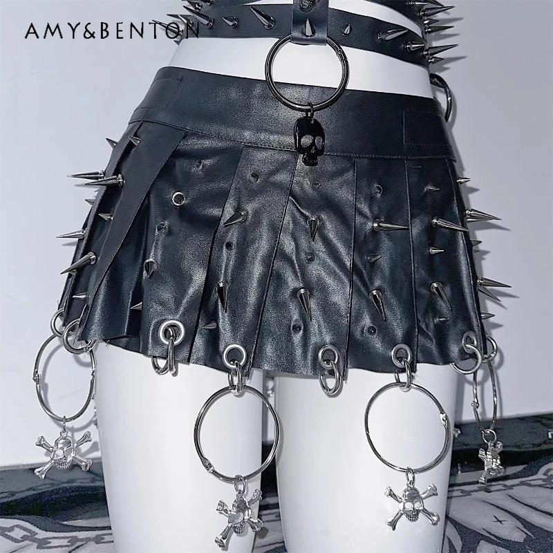 

Gothic Dark Y2K Hot Girl Subculture Ring Rivet Women's Short Skirt Rock Sweet Cool Punk PU Leather Pleated Short Skirts Ladies
