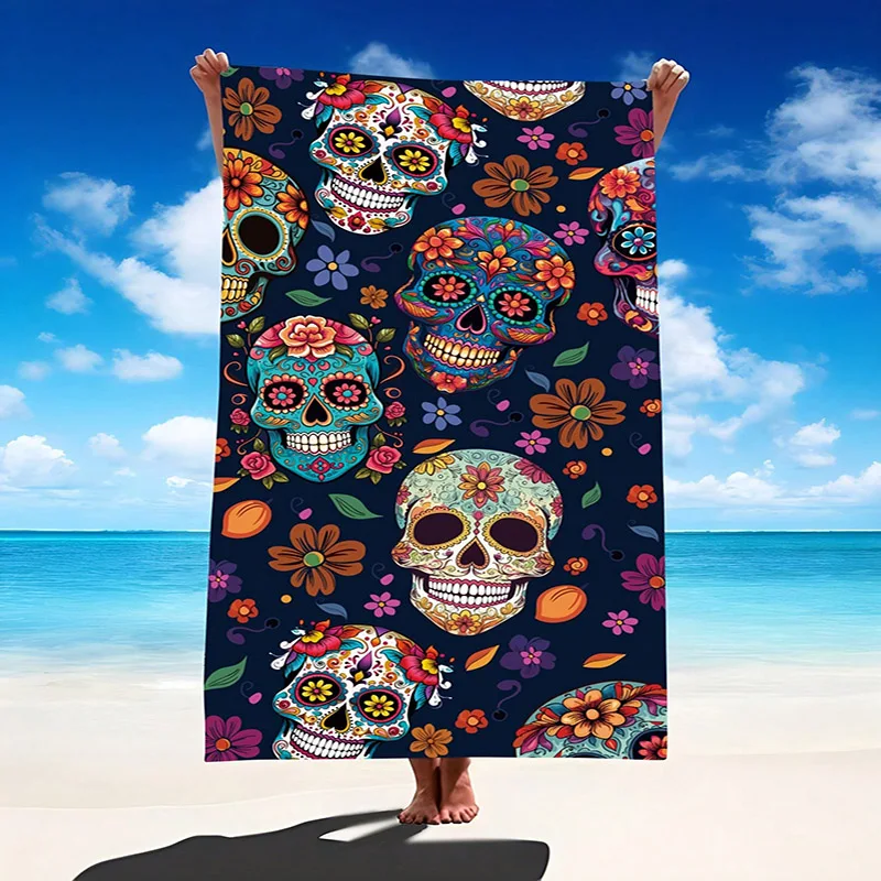 Colorful Sugar Skull Beach Towel Design Patterned Sunscreen And Windproof Suitable For Swimming Pool Camping Travel Blanket