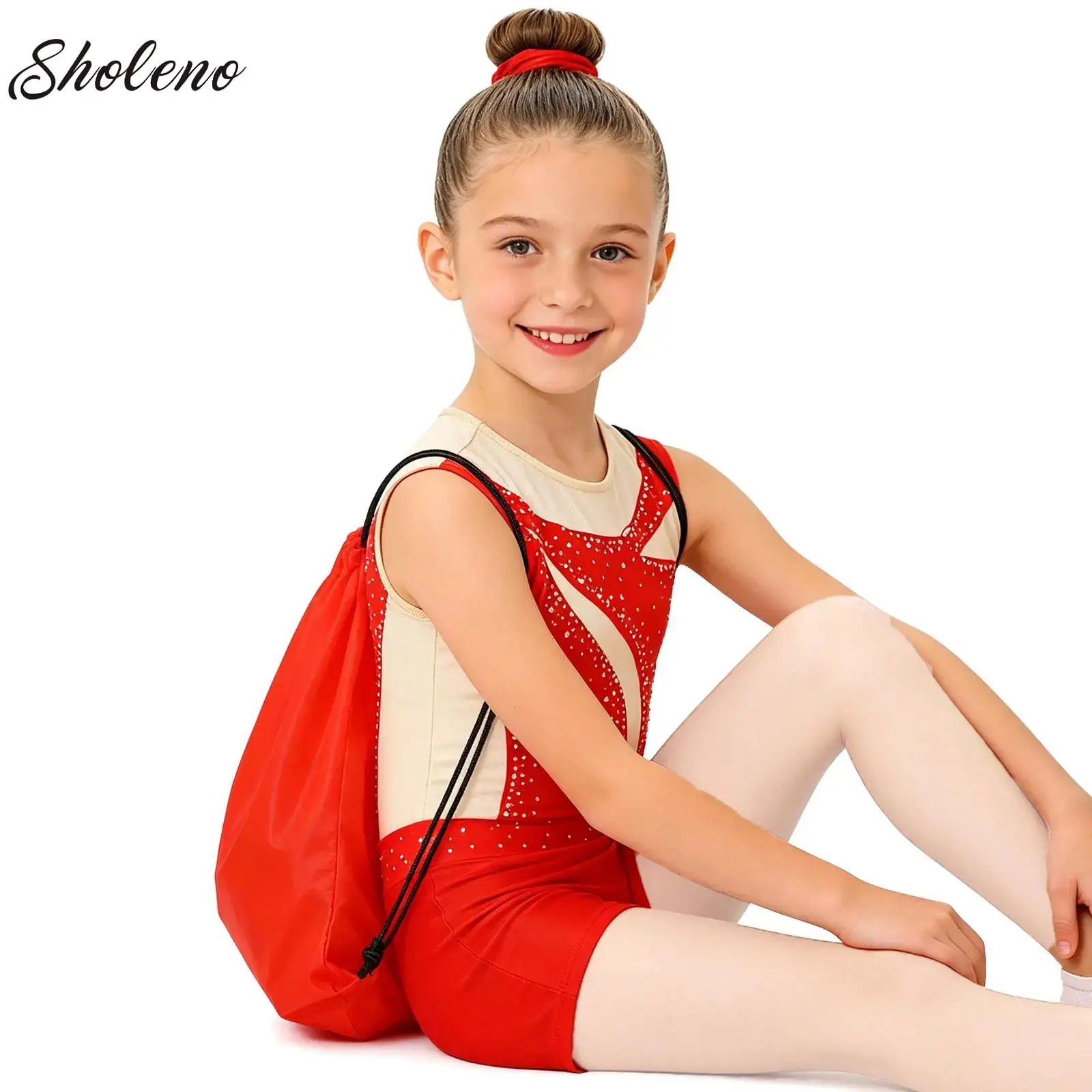 

Kids Girls 4Pcs Gymnastics Jersey Figure Skating Dance Outfit Shiny Rhinestone Leotard+shorts Hairband+Drawstring Backpack Suit
