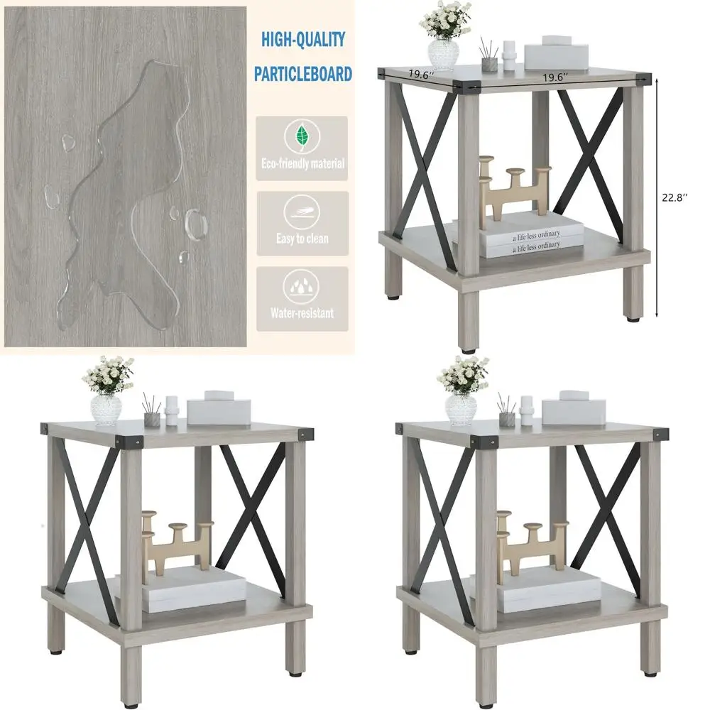 

Industrial Farmhouse Metal Accent Table with Wood Shelf, Storage, for Living Room or Bedroom in Oak Grey MLBZ16Z