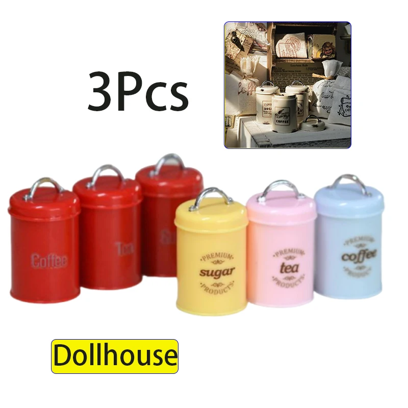 กระป๋องอาหาร/ชา/กาแฟจิ๋วสำหรับบ้านตุ๊กตา 3 ชิ้น รูปทรงกลม ใช้เป็นขวดเก็บของ สำหรับตกแต่งฉากบ้านตุ๊กตา