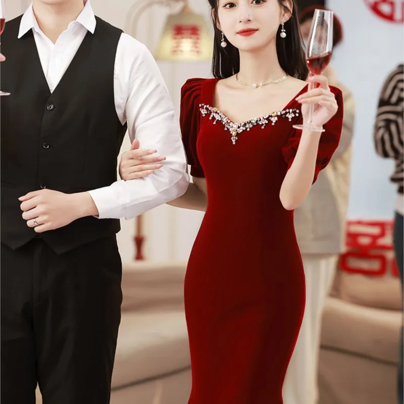 

Fishtail toast dress new slim-fit long high-end red female