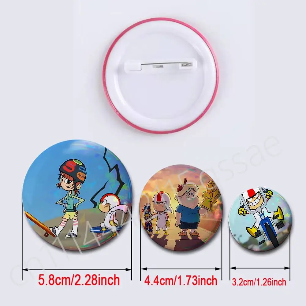 E-Extreme challenges Kick Buttowski Round Exquisite Laser Badge Brooches Creative Pins For Clothes Hat Backpack Gift Accessories