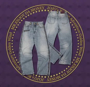 JoJo Straight Jeans 6 JoJo Anime Zip Off Panel Jeans Men Women High Waist Wide Leg Detachable Print Denim Pants Purple Gold Patchwork Straight Jeans 6