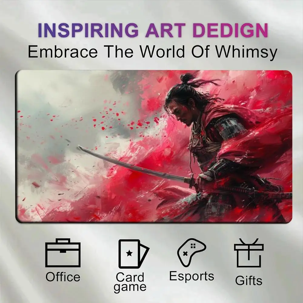 Red Splash Ink Samurai Warrior Desk Mat, Anti-Slip Rubber Large Esports Mousepad, Waterproof TCG Playmat for Gaming Office Card