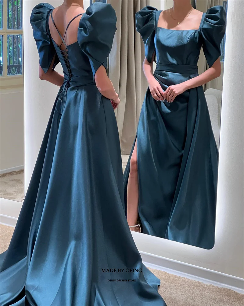 OEING Navy Blue Square Collar Prom Dresses Tiered Pleatd Evening Dress Side Split Floor Length Formal Occasion Vestidos De Noche