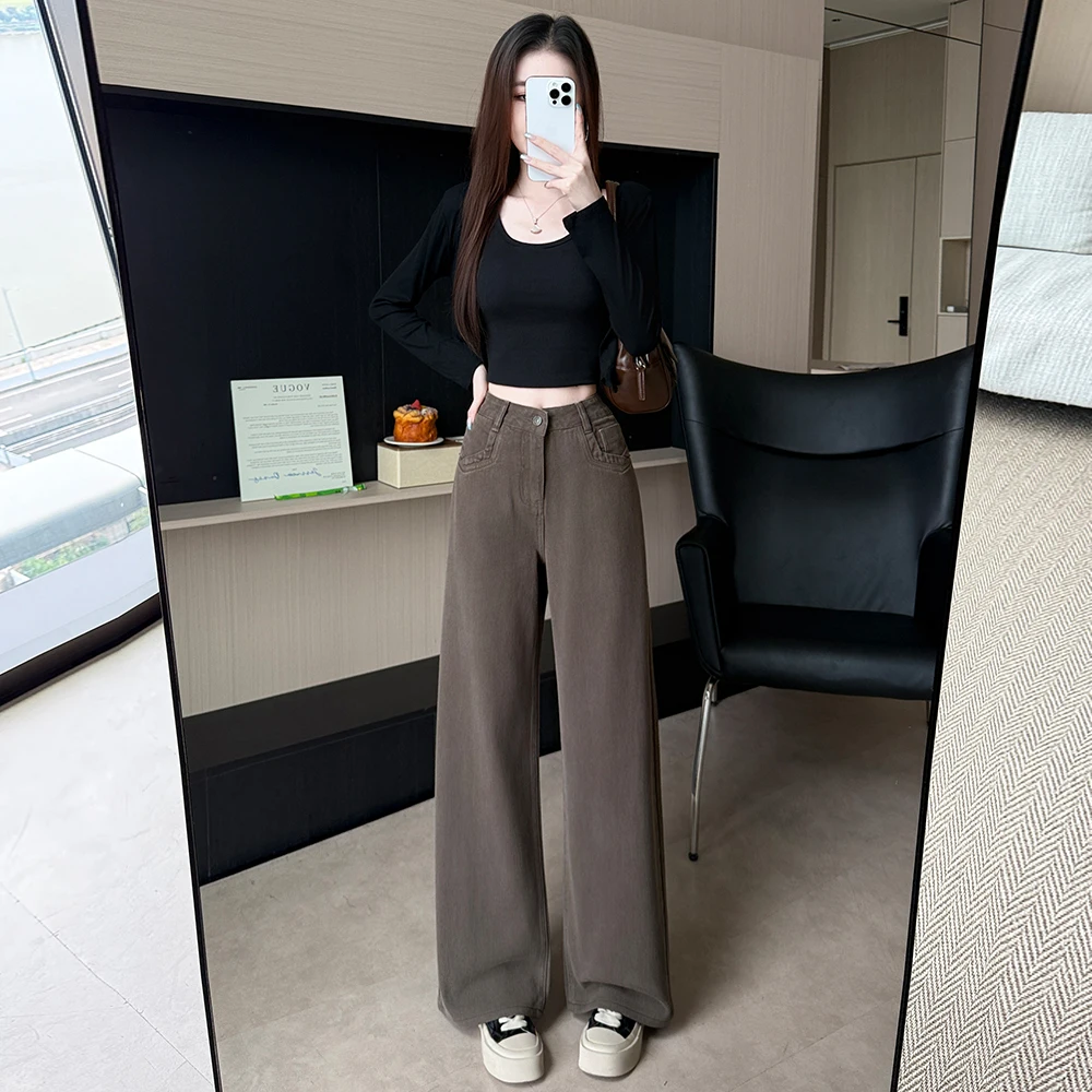 Women's Petite‑Fit Coffee‑Colored Narrow‑Cut Straight‑Leg Wide‑Leg Jeans, Versatile For Autumn And Winter Daily Outfits - view 2