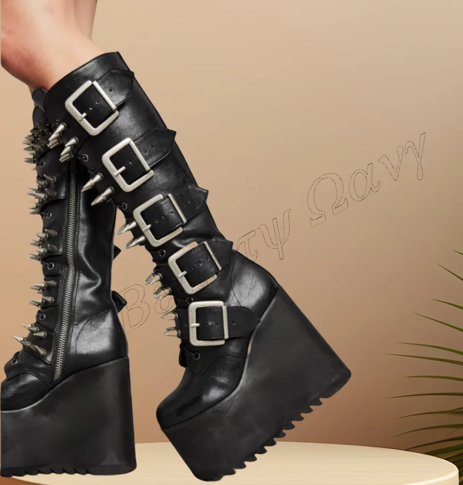 Black Rivet Decor Punk Boots Belt Platform Strange Style Shoes Chunky High Heel Shoes for Women Shoes 2024 Zapatos Para Mujere