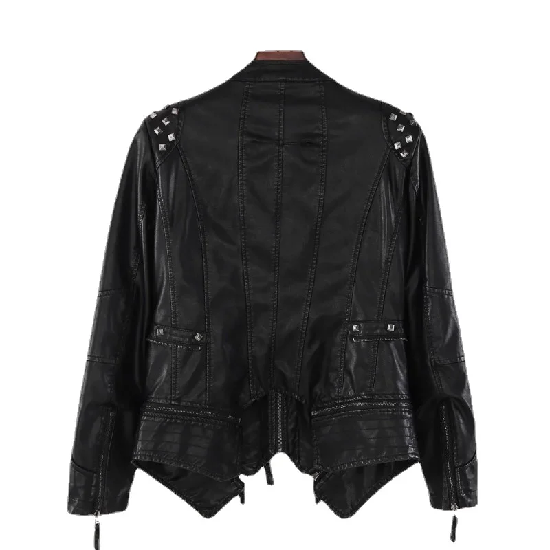 Ladies Motorcycle PU Leather Rivets Double Zip Lapel Autumn Leather Coat Coat Large Size