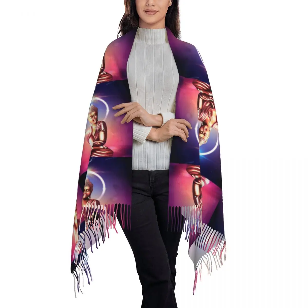 Golden Buddha - Teaching Buddha Under Ethereal Skies Scarf Tassel Scarves for Women Soft Warm Shawls and Wraps Winter Shawl Wrap