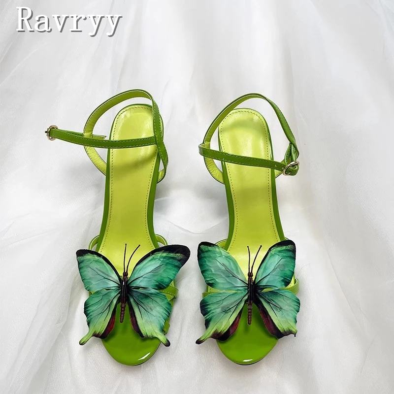 Summer New Green Butterfly Women Sandals Luxury Design Peep Toe Thin High Heels Ankle Strap Buckle Wedding Party Shoes