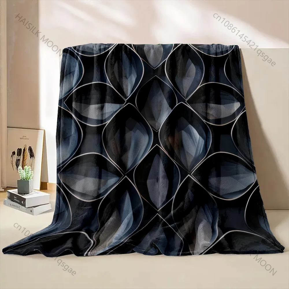 HD Black Geometric Overlapping Lotus Shapes Pattern Blanket Flannel Material Soft Warm for All Seasons, Home Outdoor Camping