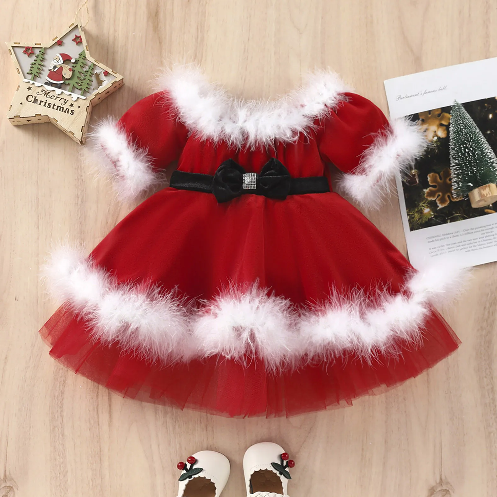 1-7 Years Christmas Toddler Dress Baby Kids Girls Off Shoulder Fleece Long Sleeves Dress Xmas Outfits Children Tulle Vestidos