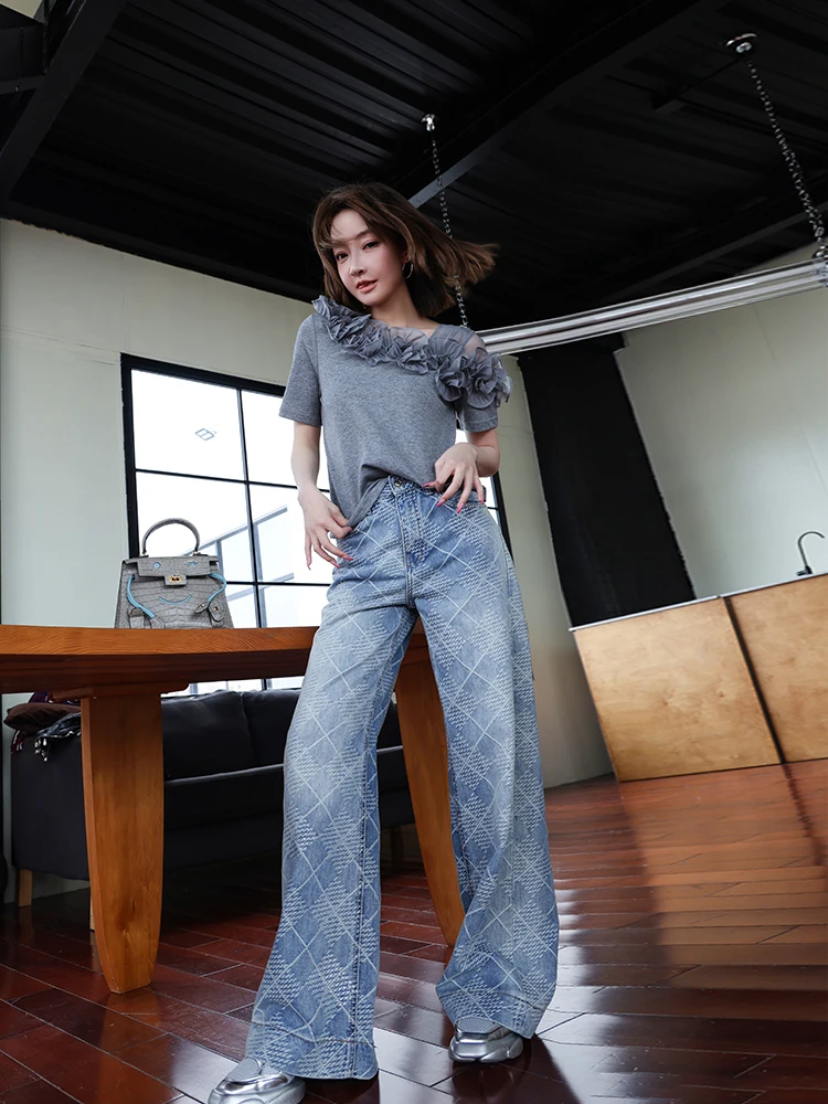 

Джинсы MIUCO синие в клетку, широкие, с высокой талией, свободного кроя, повседневные, слегка расклешенные, длинные брюки, весна-осень, женские, деним