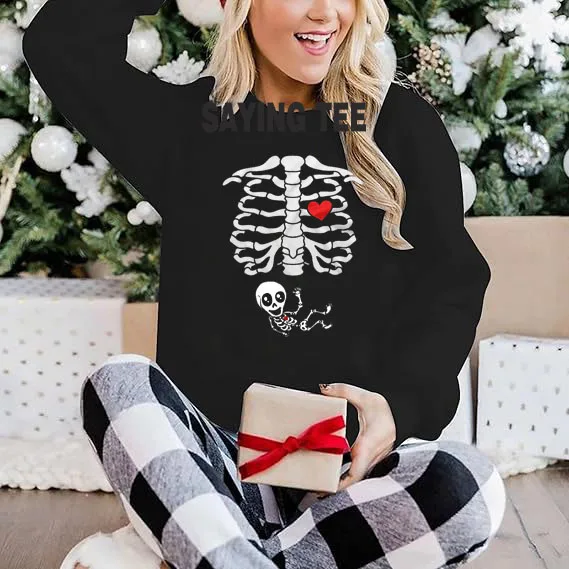 Mutterschaft Halloween Skelett T-Shirts Paar Röntgen Baby Schwangerschaft Pullower Pullover Herren Burger Essen Schwangerschaft Ankündigung Top – Detail 10