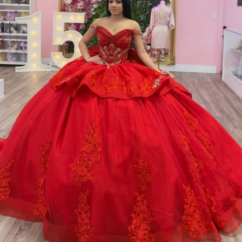 

Red Quinceanera Dresses Off the Shoulder Glitter Decal Crystal Layering Long tail Bow Vestido De 15 Quinceanera Customize