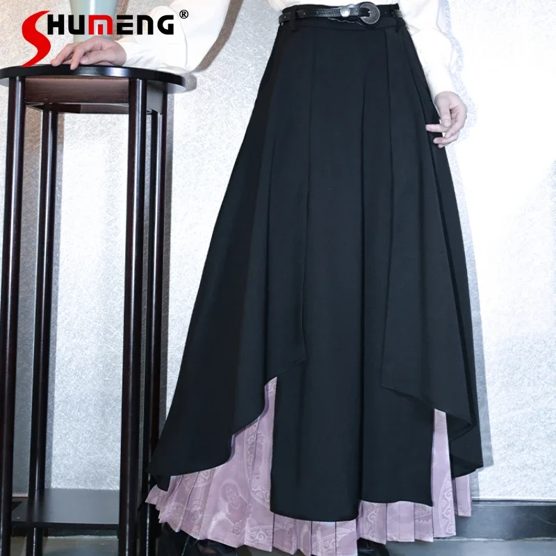 

National Style Double-layer Pleated Culottes High Waist Drape Trouser New Chinese Splicing Loose Wide-leg Pants Streetwear Women