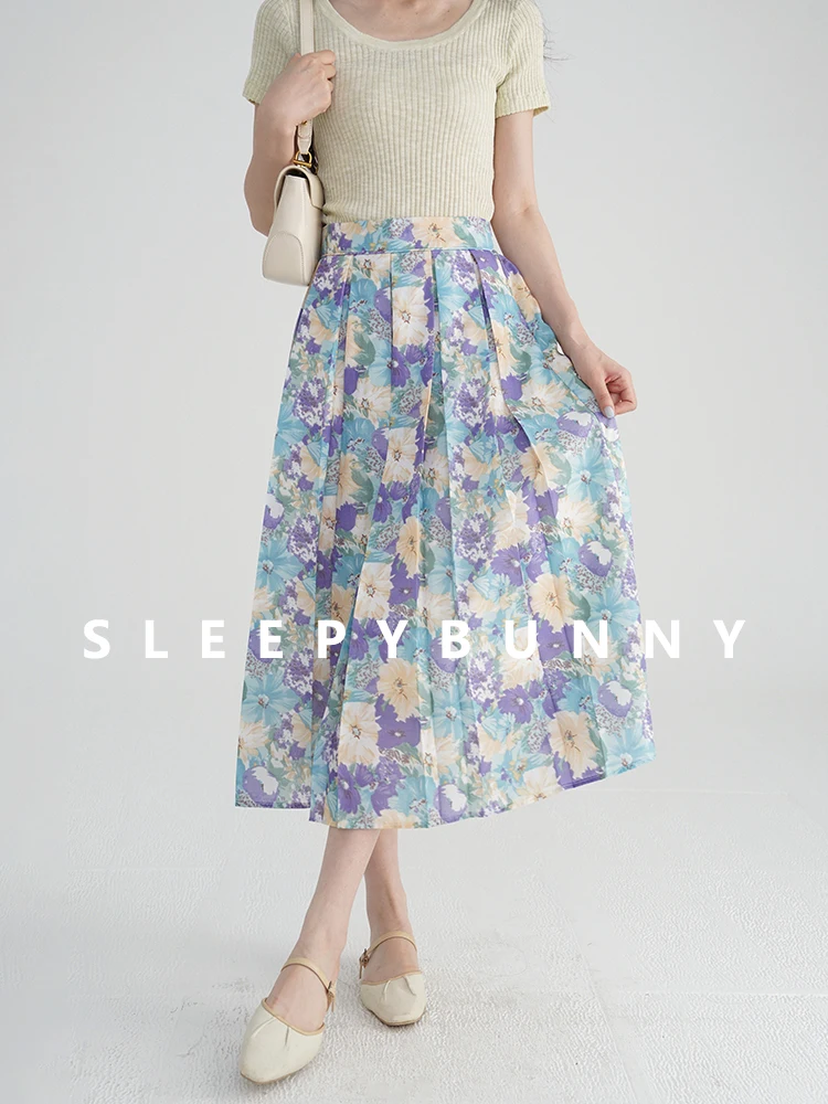 

Elegant High Waist Pleated Midi Skirt Women Floral A-Line French Style Commuter Skirt Summer Slim Printed Swing Skirt Daily Wear