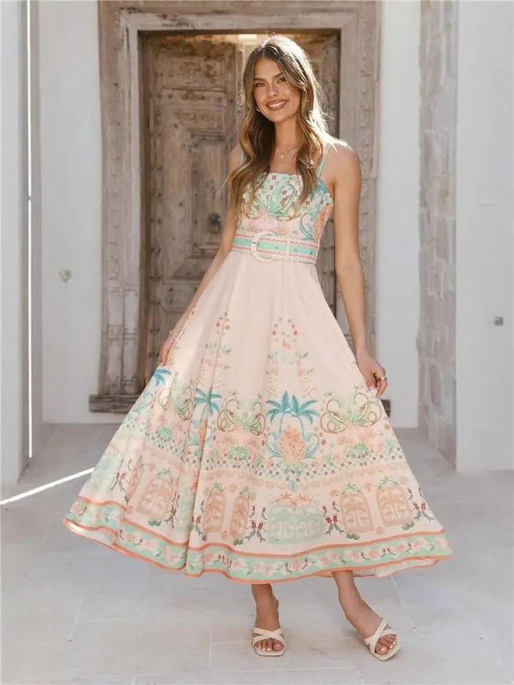 

Sexy Floral Linen Sleeveless Strap Dress Island Vacation Casual mid Waist A-Line Skirt Cotton Polyester Blend Summer 2026
