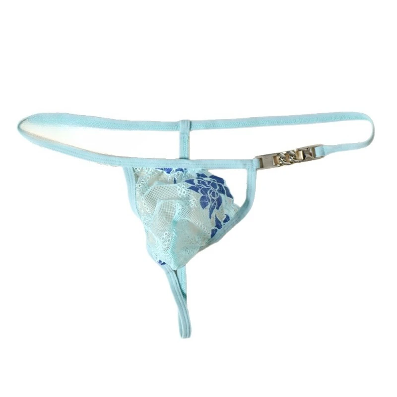 Men's Thong Embroidered Lace Sissy Panties Metal Chain Adjustable Strap Hollow Perspective Low-Rise Pouch Underwear T-Back
