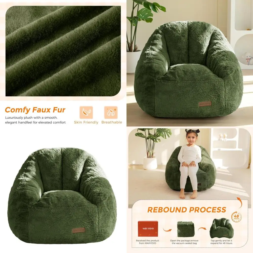 Cozy Faux Fur Bean Bag Chair with Back Support for Kids, Unisex Floor Sofa, Green