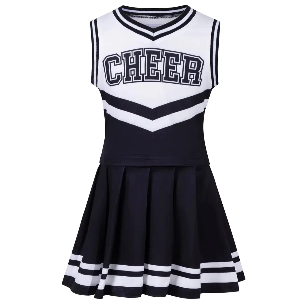 

Wholesale Custom Black And White Teen Girls Cheerleading Uniforms Fashion Two Piece Squad Competition Set School Sports Wear
