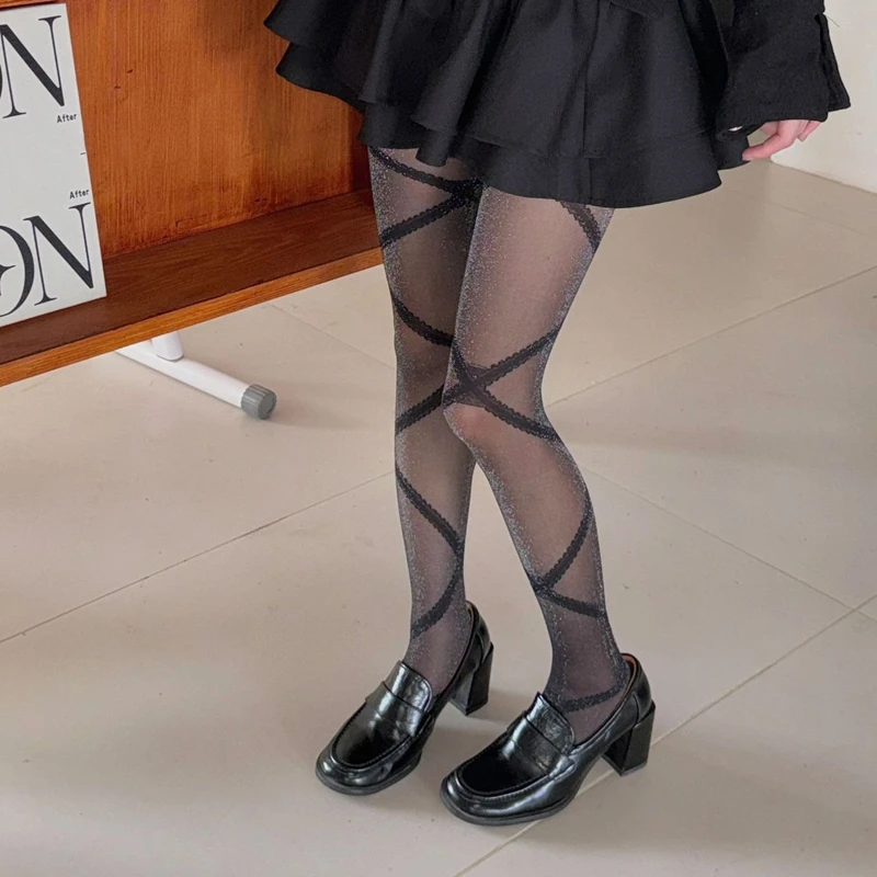 Cross-Strap Pattern Sexy Tights Women Pantyhose Retro Black Breathable Mesh Sockings Shiny Women Soft Bottoming Tights Summer
