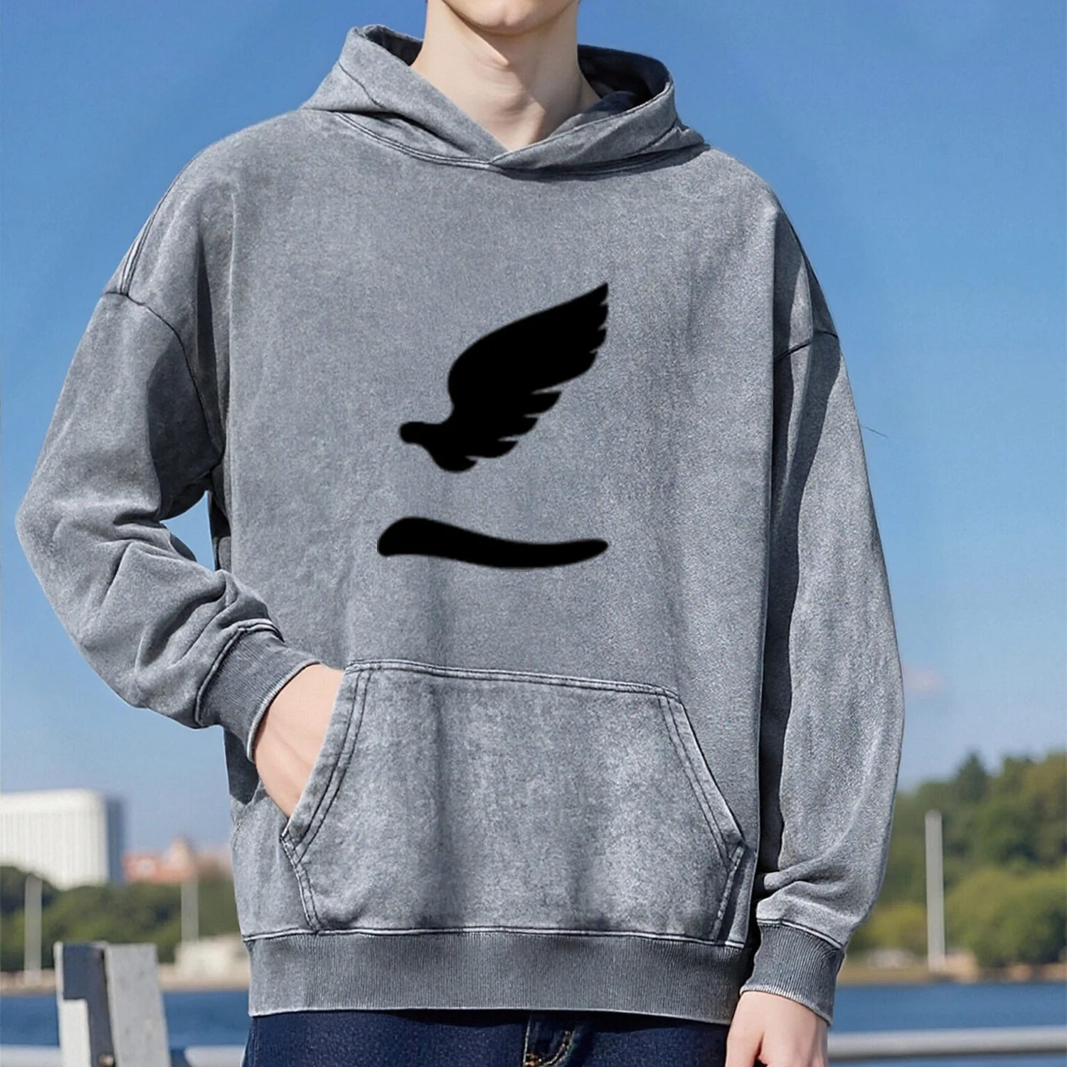 سويت شيرت بغطاء للرأس بنمط أجنحة ريترو مغسول للجنسين نمط رياضي كاجوال مصنوع من القطن الخالص طراز الشارع 400 جرام