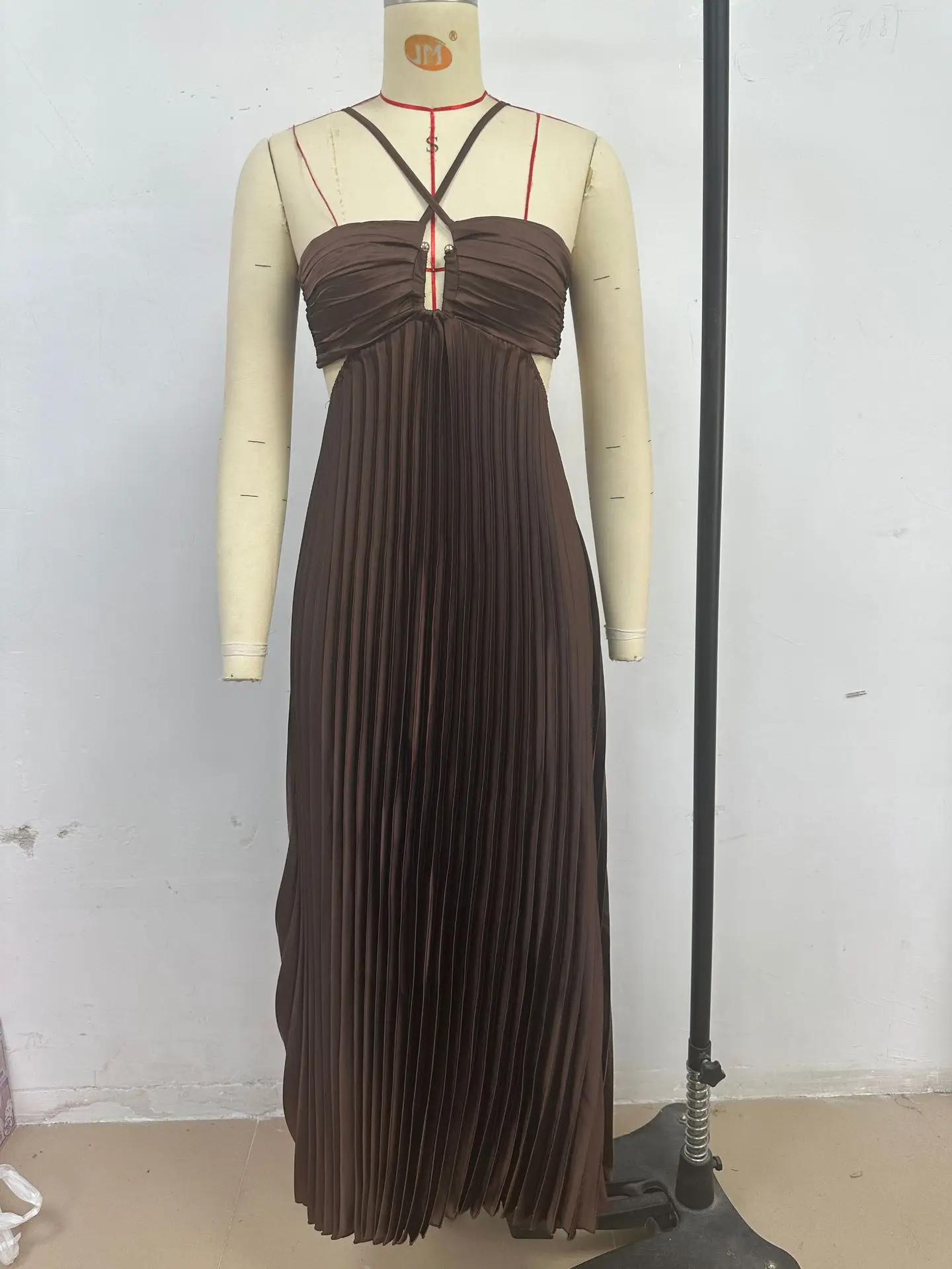 Blue Pleated Halter Long Dress Women's Solid Sleeveless Backless Lace-up Maxi Dress Summer Beach Vacation Evening Party Vestidos