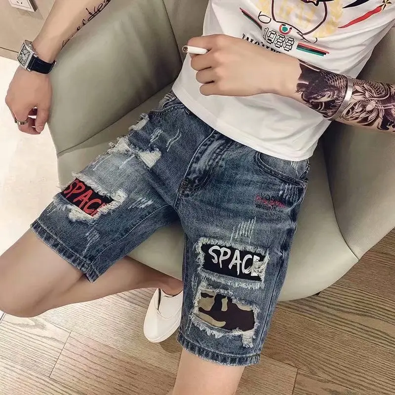 2022New Summer Ripped Denim Shorts Men's Korean Style Fashion Brand Half Pants Scrape Personality Beggar Middle Pants