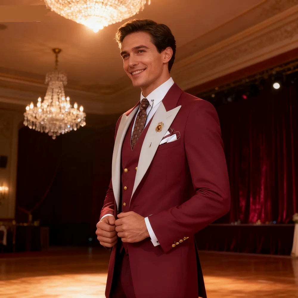 

3 Piece Burgundy Men's Tuxedo Business Formal Slim Fit Wedding Casual Groomsmen Classic Banquet Home Party Suit Set