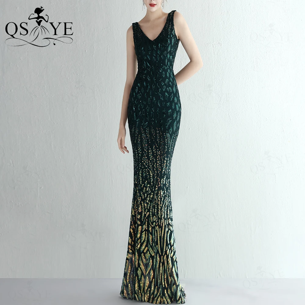 Fading Green Mermaid Prom Dresses Unique Pattern Sequin Lace Evening Gown Mix Color V neck Backless Emerald Formal Party Gown