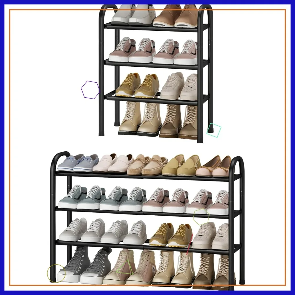 

Expandable 3-Tier Metal Shoe Rack, Adjustable Storage for Up to 16 Pairs, Black Organizer for Entryway and Closet