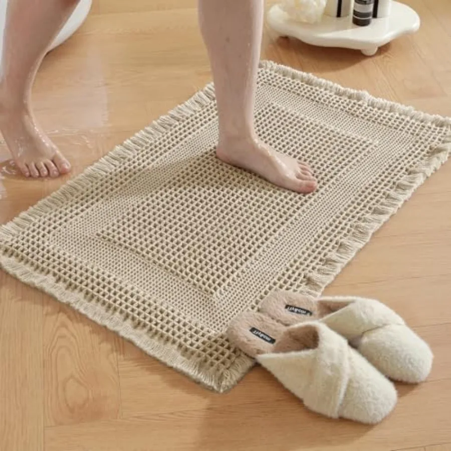

Waffle Bath Mat - Super Water Absorbing Bath Mat Quick Dry Bathroom Rugs Non Slip Washable with Tassels Rubber Backed Bathroom