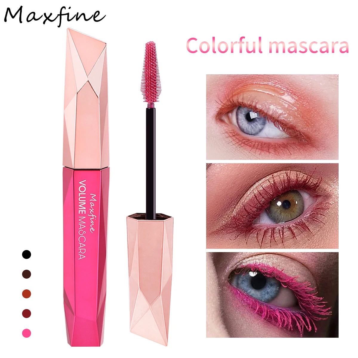 Multi-color Thick Mascara Extends the Curl-free Waterproof Eyelash Shape, with Black Brown Berries and Pink Tones.