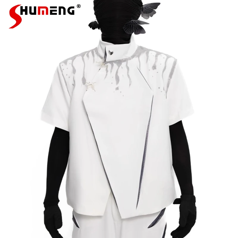 

2025 Men's Summer New Shoulder Padded Top Male Stand Collar Short-sleeve Jackets High-end Contrast Color Trendy Loose Chic Coats
