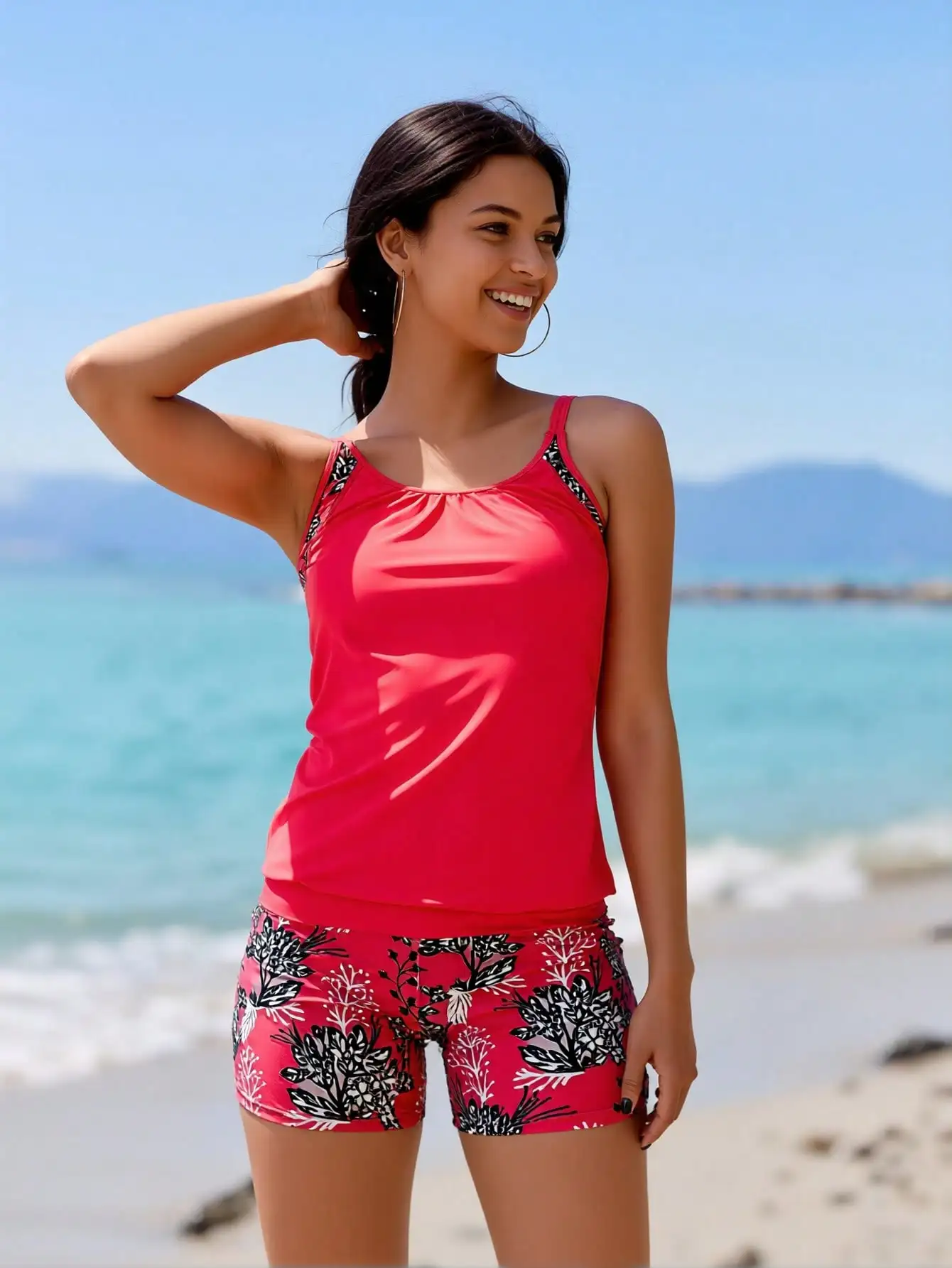 2026 New Women's Sexy Fashion Bright Red Print Patchwork Tummy-Control Two-Piece Boyleg Swimsuit For Vacation & Leisure Swimwear