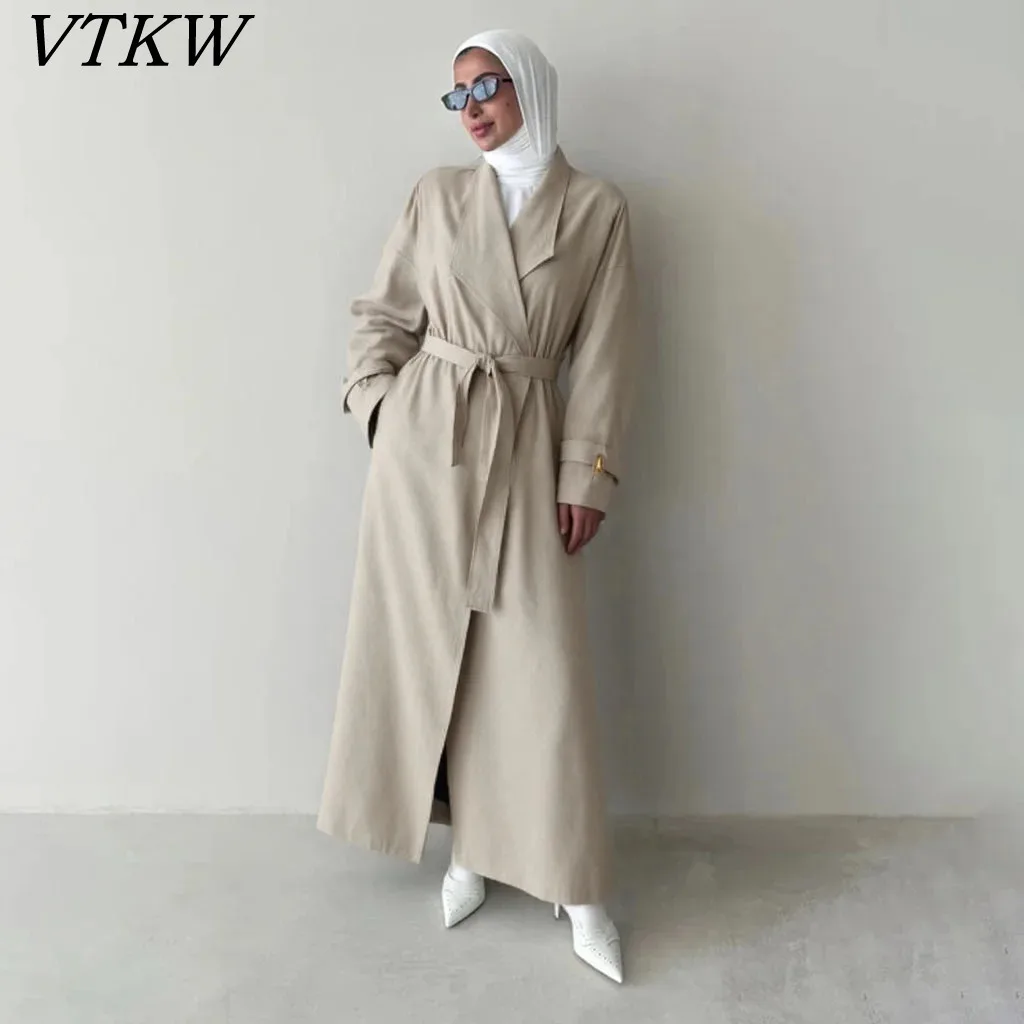 

VTKW Women’s 2025 Designer Minimalist Stand Collar Longline Drapey Coat Belted Lightweight Spring Summer Fashion Outerwear