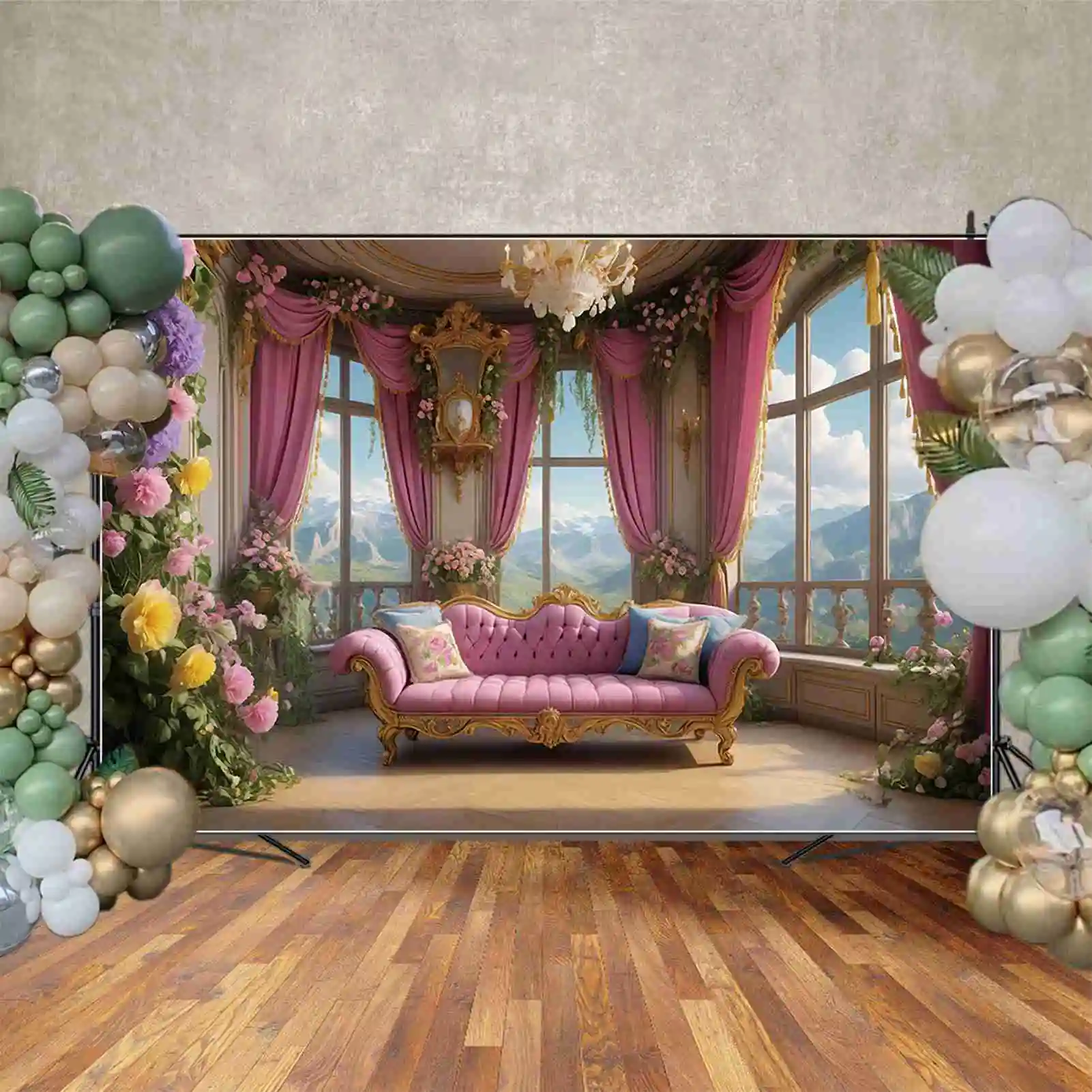 MOON.QG Castle Sofa Princess Birthday Backgrounds Women Pink Curtain Floral Flower Garland Backdrop Custom Party Photocall Props