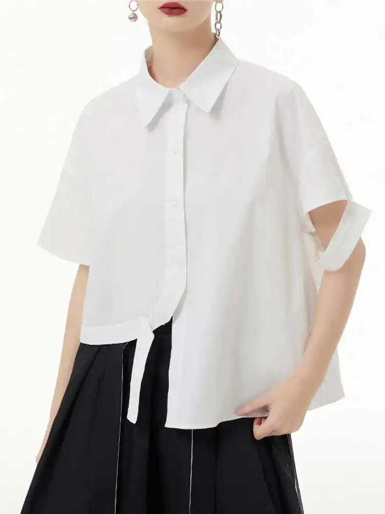 

Women Blue Irregular Hem Cut Style Big Size Blouse New Lapel Short Sleeve Shirt Fashion Tide Spring Summer