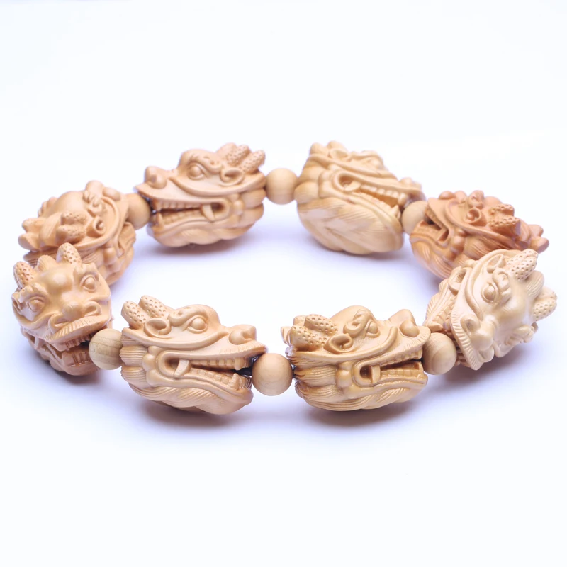 Natural Yellow Wooden bracelet Men\'s large size 20mmx29mm elastic bracelet Wood beads dragon God beast Lucky sculpture