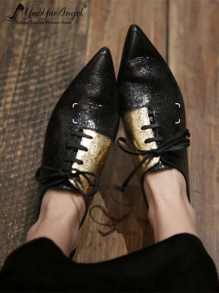 Vintage Women Pointed Toe Real Cowhide Genuine Leather Shoes Lace Up Low Heels Pumps Retro Office Ladies Black Golden Work Shoes