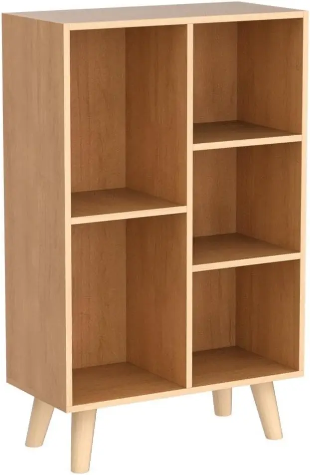 Wooden Open Shelf Bookcase - 3-Tier Floor Standing Display Cabinet Rack with Legs, 5 Cubes Bookshelf, Pear Yellow