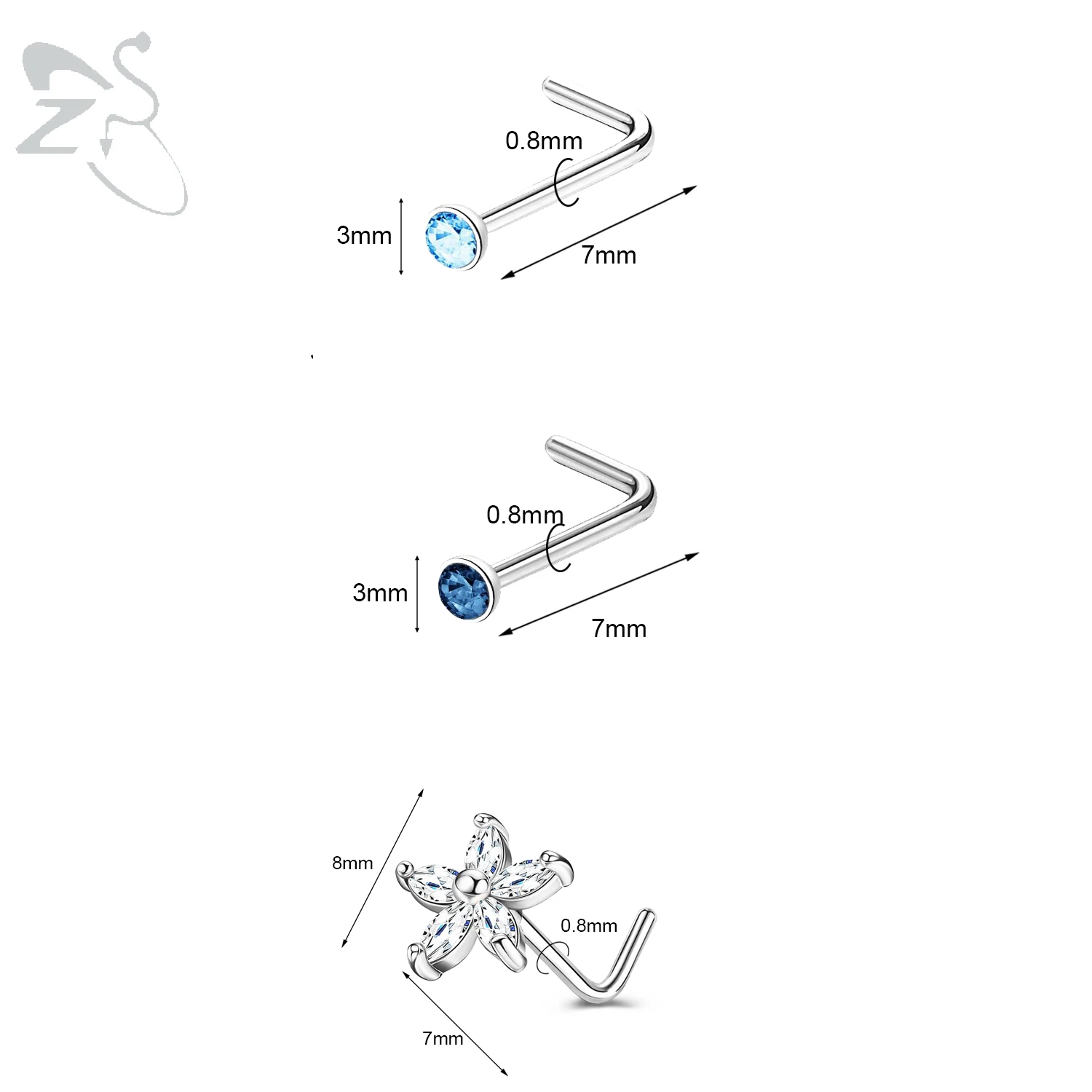 3pcs Stainless Steel Nose Stud Set with Crystals