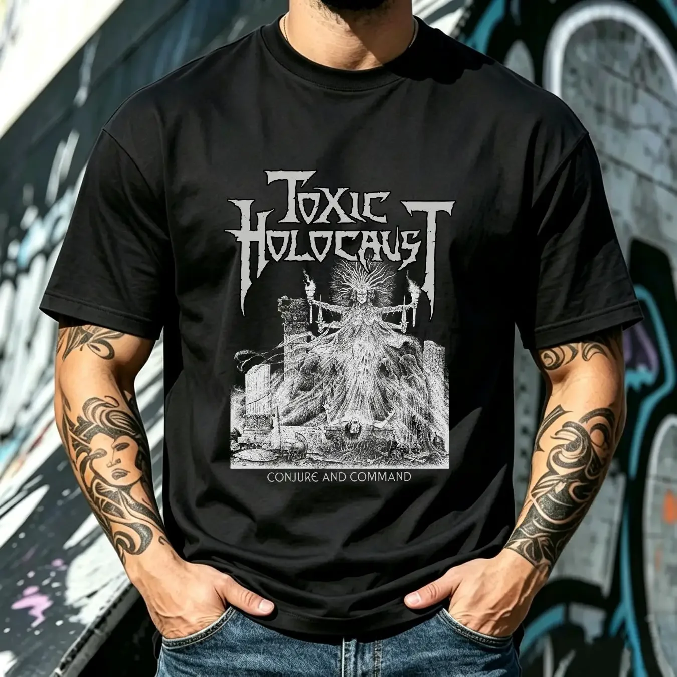 washed T Shirt Toxic Holocaust Conjure And Command Retro Black Size S 5XL vintage Washed graphic fashion Casual Soft Stylish