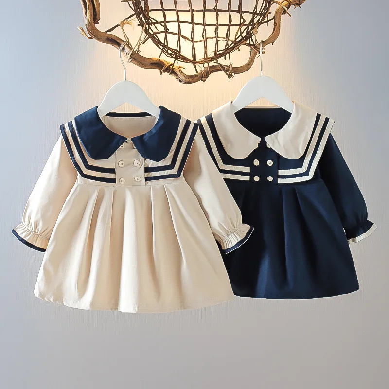 

2025 New Korean Navy Style Preppy Long Sleeve Dress for Girls 1-4 Years Sweet Princess Dress Spring Fall Fashion