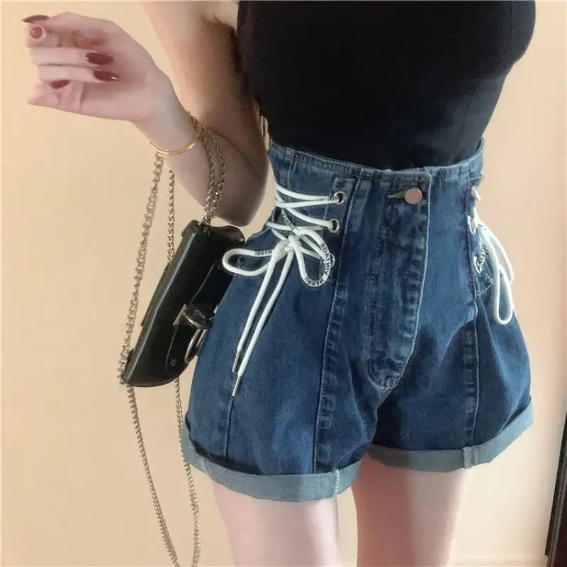 Frühling Sommer 2023 Mädchen schnüren Jeans shorts weibliche helle lose lose hohe Taille weites Bein kurze Jeans