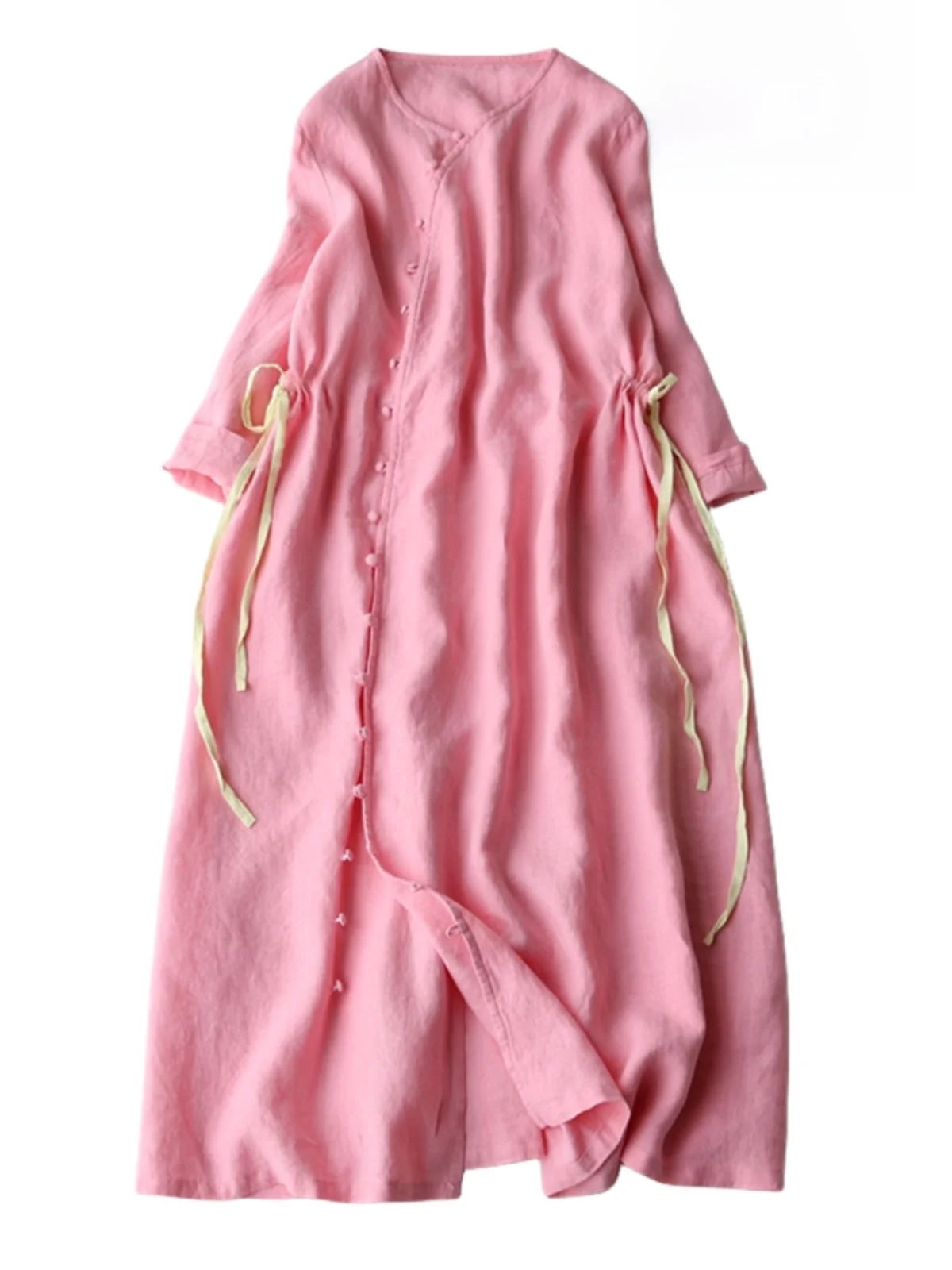 Artistic Large Size Gown with Side Buttons Zen Tea Dr New Chinese Sle Women's Cotton Linen Long Outerwear Dr